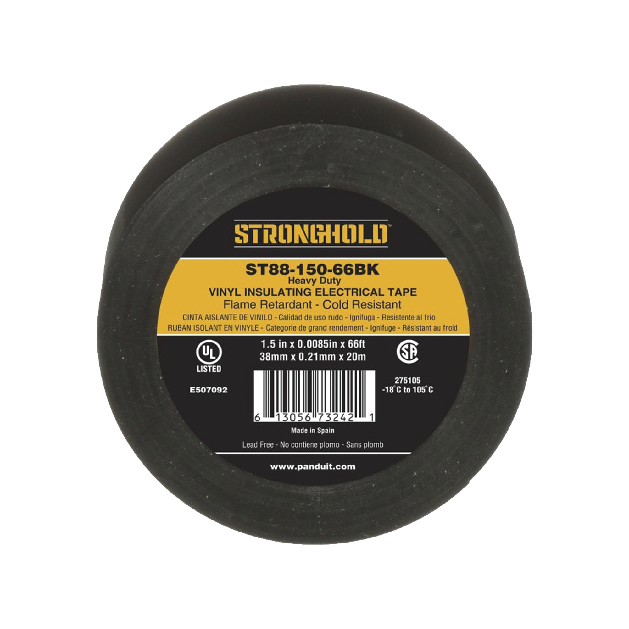 Cinta Eléctrica STRONGHOLD para Aislar, de PVC, Trabajo Pesado Eléctrico Industrial (Soporta UV, abrasión, agua, aceite y corrosión), Grosor de 0.21 mm (8.5 mil), Ancho de 38 mm, y 20 m de Largo, Uso Interior/Exterior, Color Ne