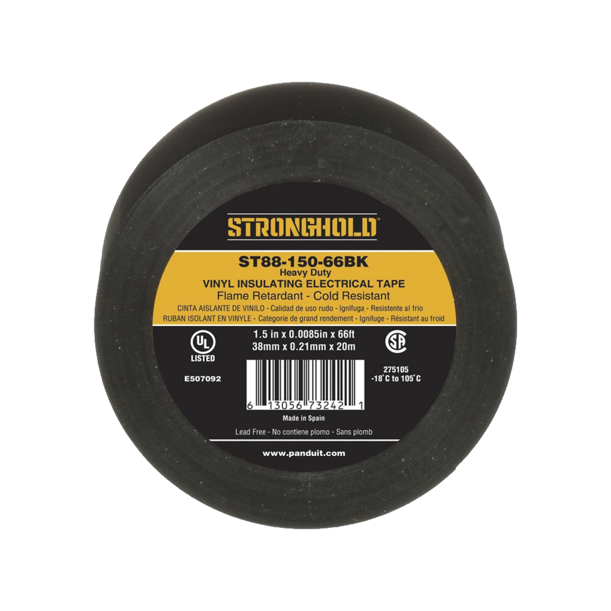 Cinta Eléctrica STRONGHOLD para Aislar, de PVC, Trabajo Pesado Eléctrico Industrial (Soporta UV, abrasión, agua, aceite y corrosión), Grosor de 0.21 mm (8.5 mil), Ancho de 38 mm, y 20 m de Largo, Uso Interior/Exterior, Color Ne
