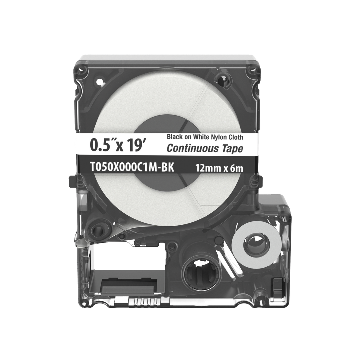 Casete de Etiquetas de Nylon de Cinta Continua, Color Negro Sobre Blanco, Uso Interior/Exterior, 12 (0.5 Pulgadas) mm de Ancho x 6 Metros (19.69 Pies) de Largo