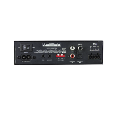 Amp Clase D | 2 Canales 50W | Con Aprendizaje IR | Salida Sub | Estéreo, Bridge, Múltiples Amplificadores | 4-8Ω