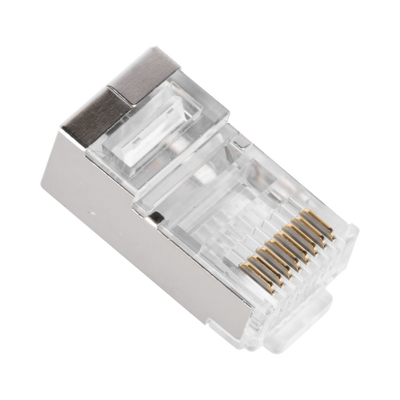 Bote con 100 Plugs Pass through RJ45 Cat5e BLINDADO, chapado de oro a 30 micras para durabilidad extrema