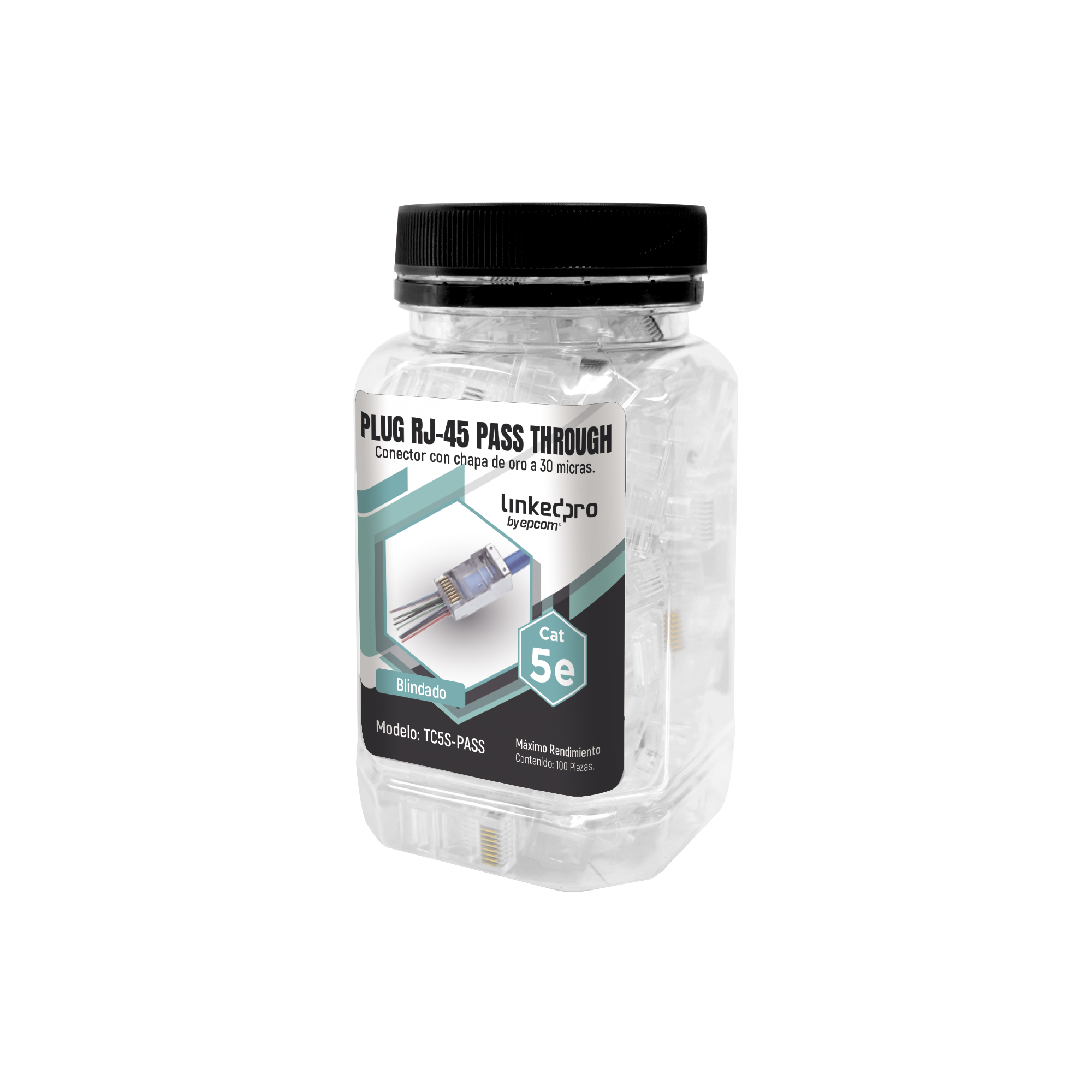Bote con 100 Plugs Pass Through RJ45 Cat5e Blindado, Chapado de Oro a 30 Micras para Durabilidad Extrema