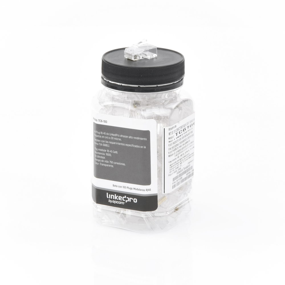 Bote con 100 Piezas de Plug Modular RJ45 Cat6 sin Blindaje, Chapado de Oro a 30 Micras para Durabilidad Extrema