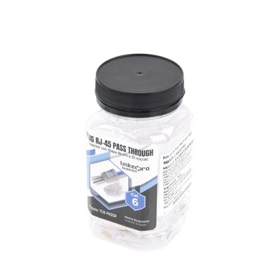 Bote con 50 Plugs Pass through RJ45 Cat6 sin blindaje, con alivio de tensión incluido, chapado de oro a 30 micras para durabilidad extrema
