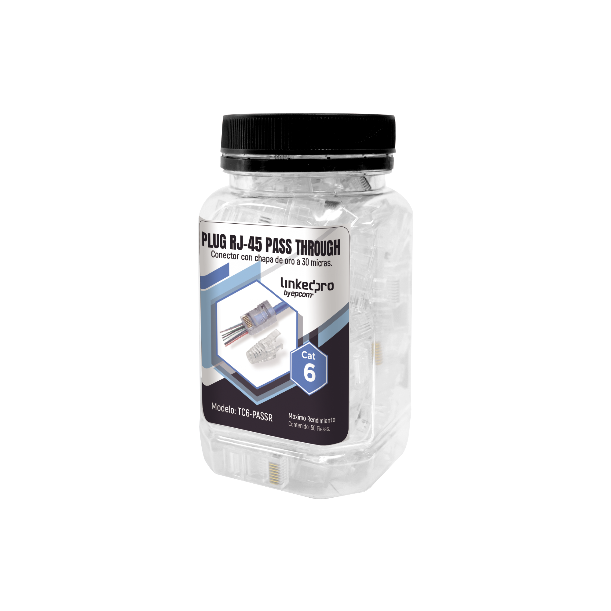 Bote con 50 Plugs Pass Through RJ45 Cat6 sin Blindaje, con Alivio de Tensión Incluido, Chapado de Oro a 30 Micras para Durabilidad Extrema
