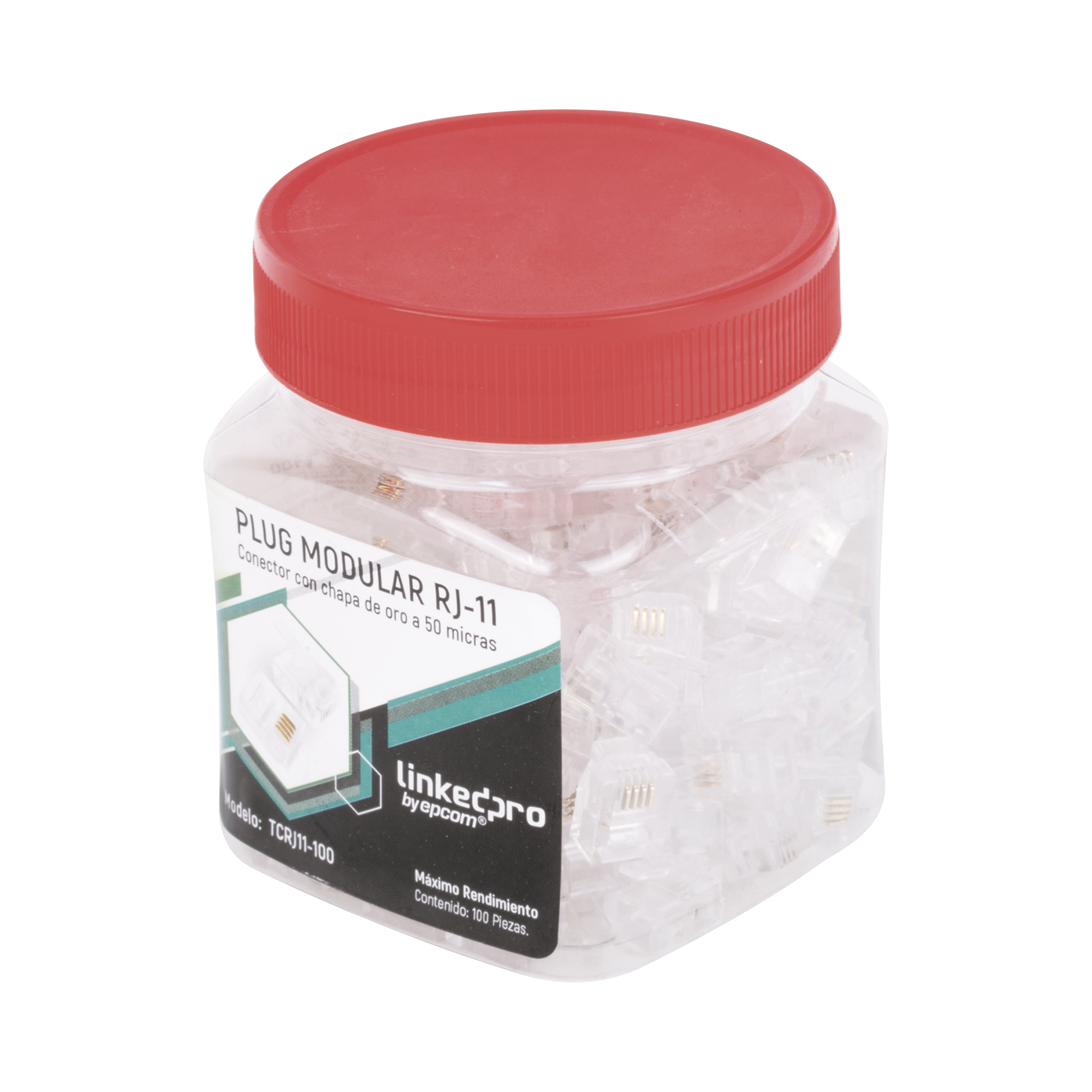 Bote con 100 Piezas de Plug Modular Tipo RJ11 de 4 Contactos Chapado de Oro a 50 Micras