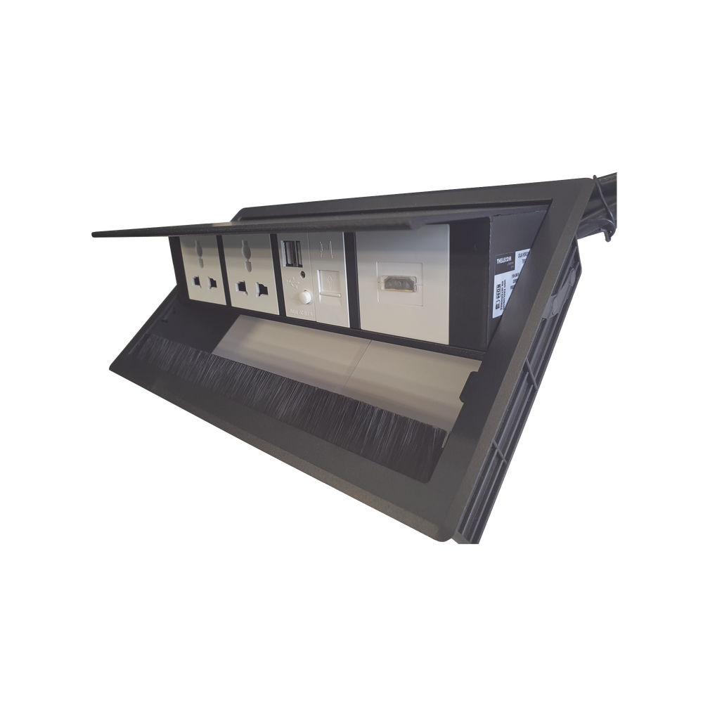 Caja Horizontal Tipo Hub para Escritorio Color Negro, con 1 Puerto HDMI Hembra-Hembra, 1 Puerto RJ45 Cat6, 2 Puertos USB (Solo Carga), y 2 Contactos Eléctricos Universales