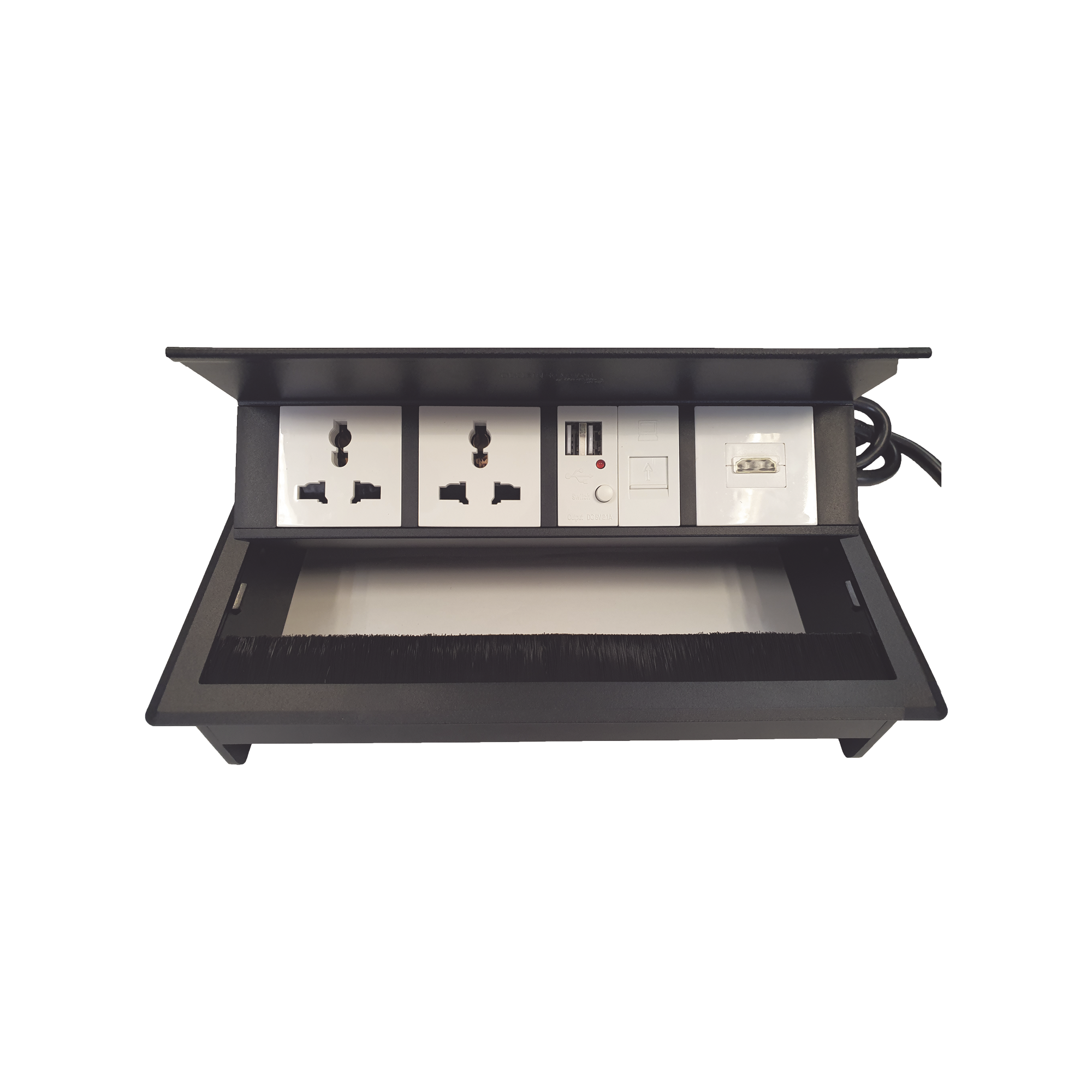 Caja Horizontal Tipo Hub para Escritorio Color Negro, con 1 Puerto HDMI Hembra-Hembra, 1 Puerto RJ45 Cat6, 2 Puertos USB (Solo Carga), y 2 Contactos Eléctricos Universales