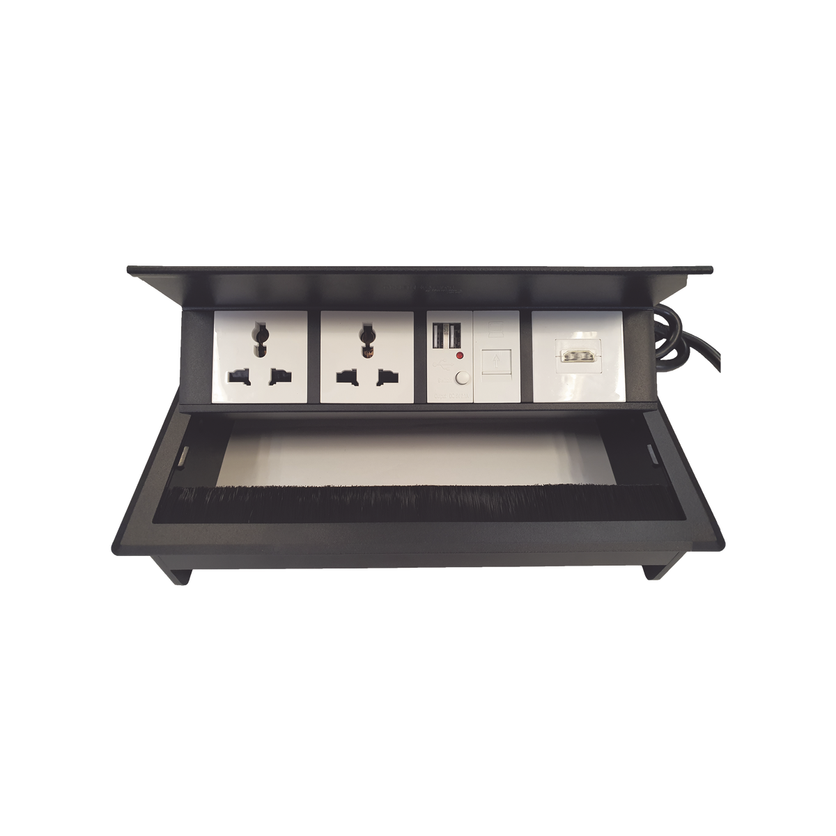 Caja Horizontal Tipo Hub para Escritorio Color Negro, con 1 Puerto HDMI Hembra-Hembra, 1 Puerto RJ45 Cat6, 2 Puertos USB (Solo Carga), y 2 Contactos Eléctricos Universales