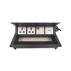 Caja Horizontal Tipo Hub para Escritorio Color Negro, con 1 Puerto HDMI Hembra-Hembra, 1 Puerto RJ45 Cat6, 2 Puertos USB (Solo Carga), y 2 Contactos Eléctricos Universales
