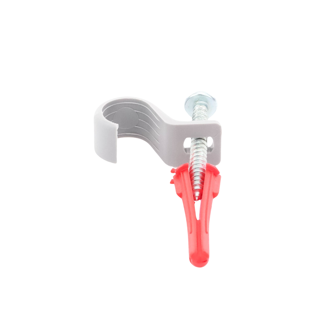 Kit de 8 grapas, 8 taquetes y 8 tornillos para sujetar conductores redondos o tubo en muro (para tubo de 1/2) (2104-07240)