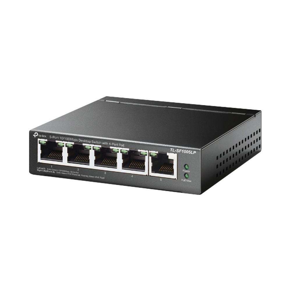 Switch PoE No Administrable de Escritorio / 5 puertos 10/100 Mbps / 4 puertos PoE af / Presupuesto 41 W / Modo extensor PoE hasta 250 metros / Calidad video prioritaria