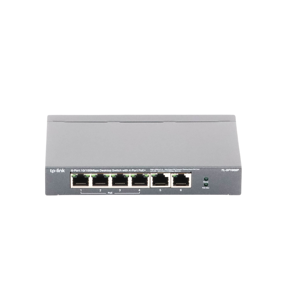 Switch PoE no Administrable de escritorio / 6 puertos 10/100 Mbps / 4 puertos PoE af/at / Presupuesto 67 W / Modo Extensor hasta 250 m / Calidad video prioritaria
