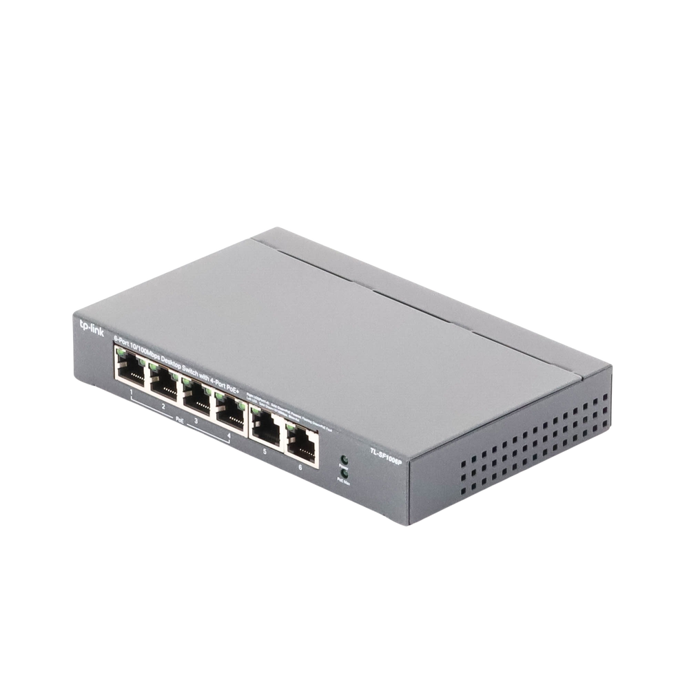 Switch PoE no Administrable de escritorio / 6 puertos 10/100 Mbps / 4 puertos PoE af/at / Presupuesto 67 W / Modo Extensor hasta 250 m / Calidad video prioritaria