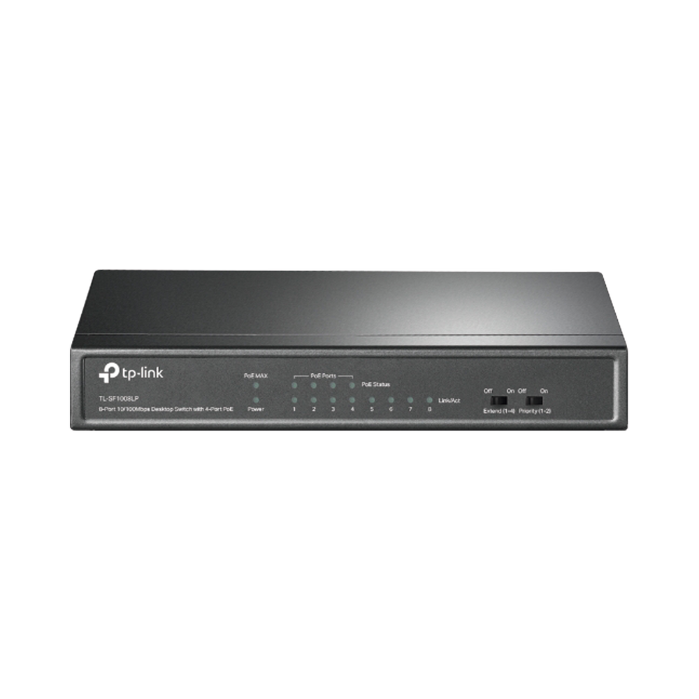 Switch PoE No Administrable de Escritorio / 8 puertos 10/100 Mbps / 4 puertos PoE af / Presupuesto 41 W / Modo extensor PoE hasta 250 metros / Calidad video prioritaria