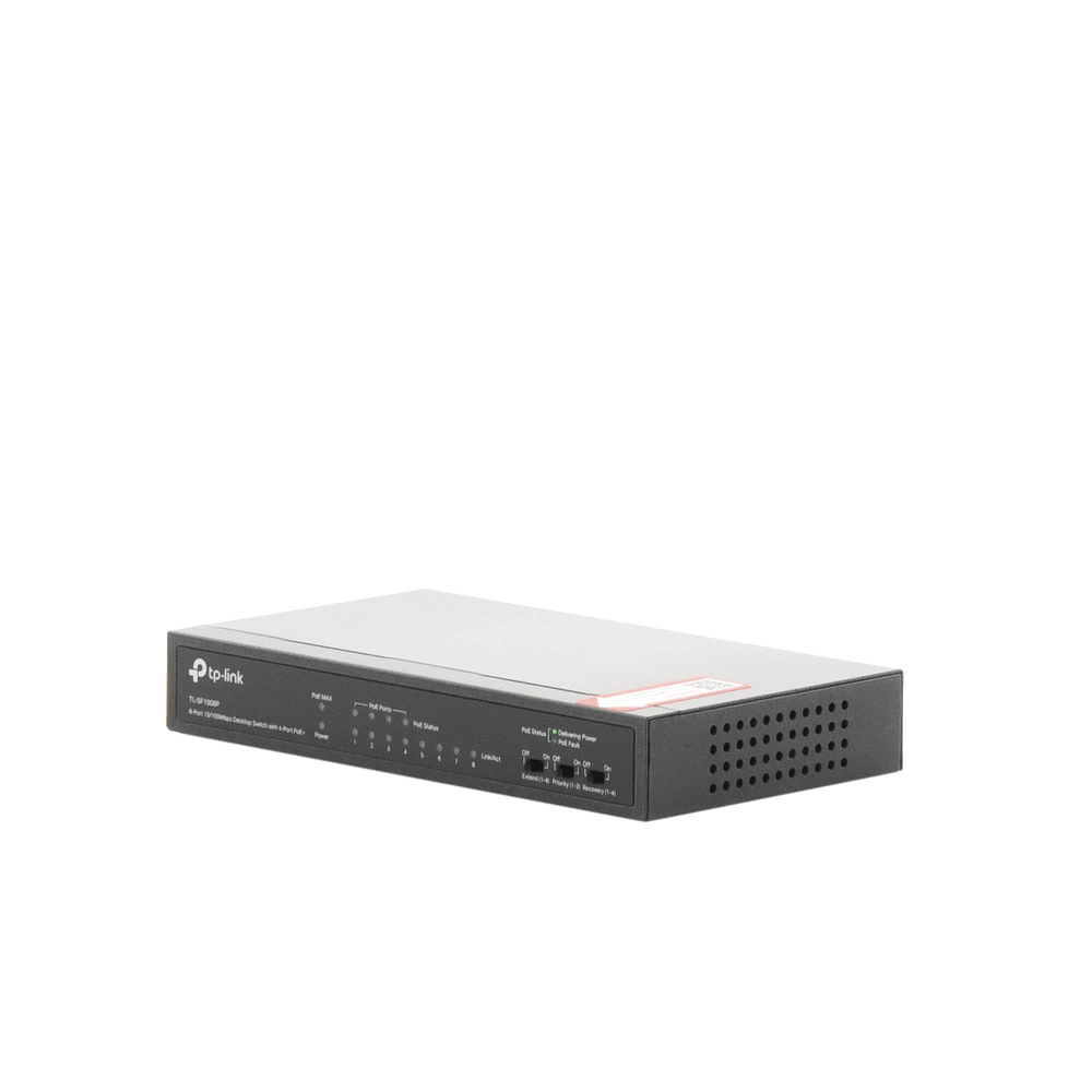 Switch PoE+ No Administrable / De Escritorio 8 puertos 10/100 Mbps / 4 puertos PoE af/at Inteligente / Presupuesto 66 W / Hasta 250 metros