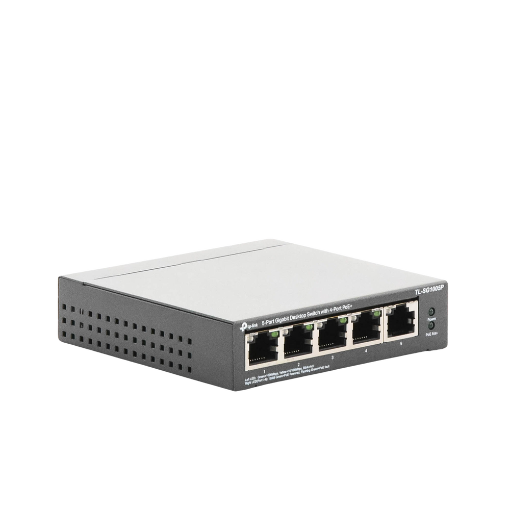 Switch Escritorio No Administrable de 5 puertos 10/100/1000 Mbps / Con 4 puertos PoE 802.3af/at de hasta 65 W / PoE Extendido hasta 250 metros