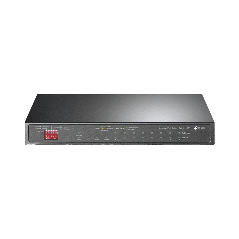Switch PoE+ No Administrable De Escritorio 10 Puertos / 8 puertos 10/100/1000 Mbps PoE af/at Inteligiente / Presupuesto 123 W / Modo Extendido hasta 250 metros