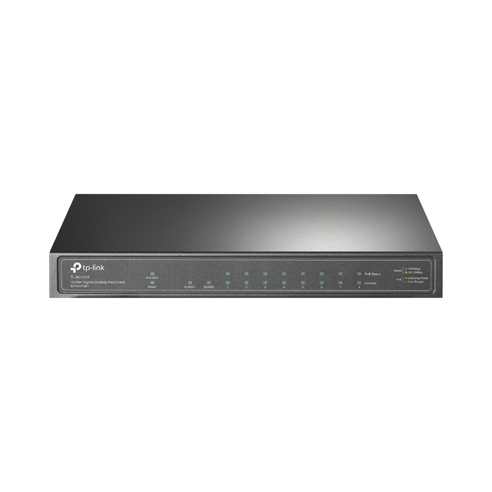 Switch de escritorio PoE+, no Administrable 8 puertos 10/100/1000 Mbps + 1 puertos 10/100/1000 Mbps (Uplink) + 1 puerto SFP, 63W