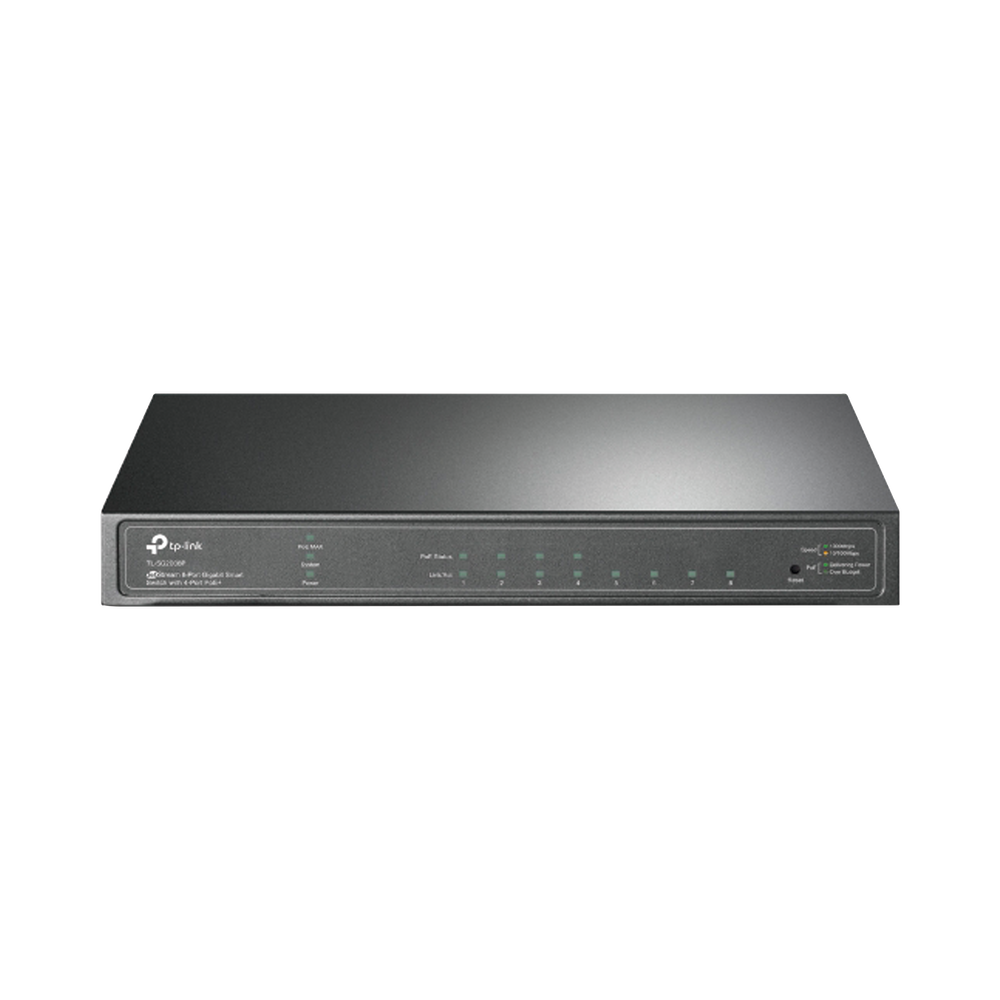 Switch Omada / 8 Puertos Gigabit  / 4 Puertos PoE+ 802.3at/af / Presupuesto PoE 62 W / 30 W por Puerto / Gestión Cloud Omada / L3 Static Routing / Sin Ventilador / Metal