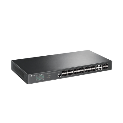 Switch de Fibra Óptica L2+ Omada / 24 puertos SFP 1GE / 4 Puertos Combinados SFP+/RJ45 Gigabit / 2 Puertos Consola RJ45|micro-SUB / Administración Centralizada Omada o Stand-Alone / Compatile con IPv6 /  Multicast IGMP