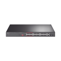 Switch No Administrable 24 Puertos PoE+ 10/100 Mbps / 2 Puertos 10/100/1000 Mbps + 2 Puertos SFP (combo) / Modo Prioridad de Tráfico / Modo Aislamiento de Red / Presupuesto PoE de 250 W / Diseño para Ideal para Vigilancia IP