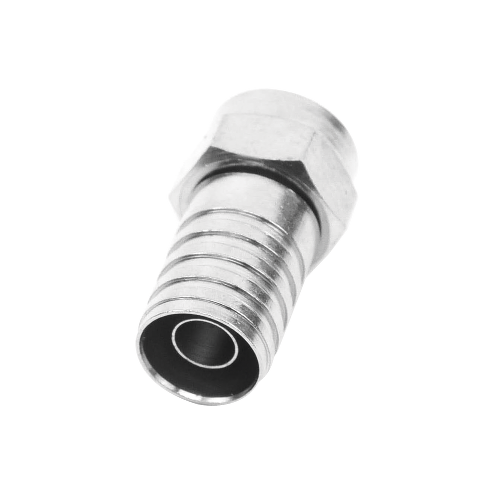 Conector F Macho, Plegable de Doble Blindaje para cable RG-59, Cuerpo de Bronce Niquelado.