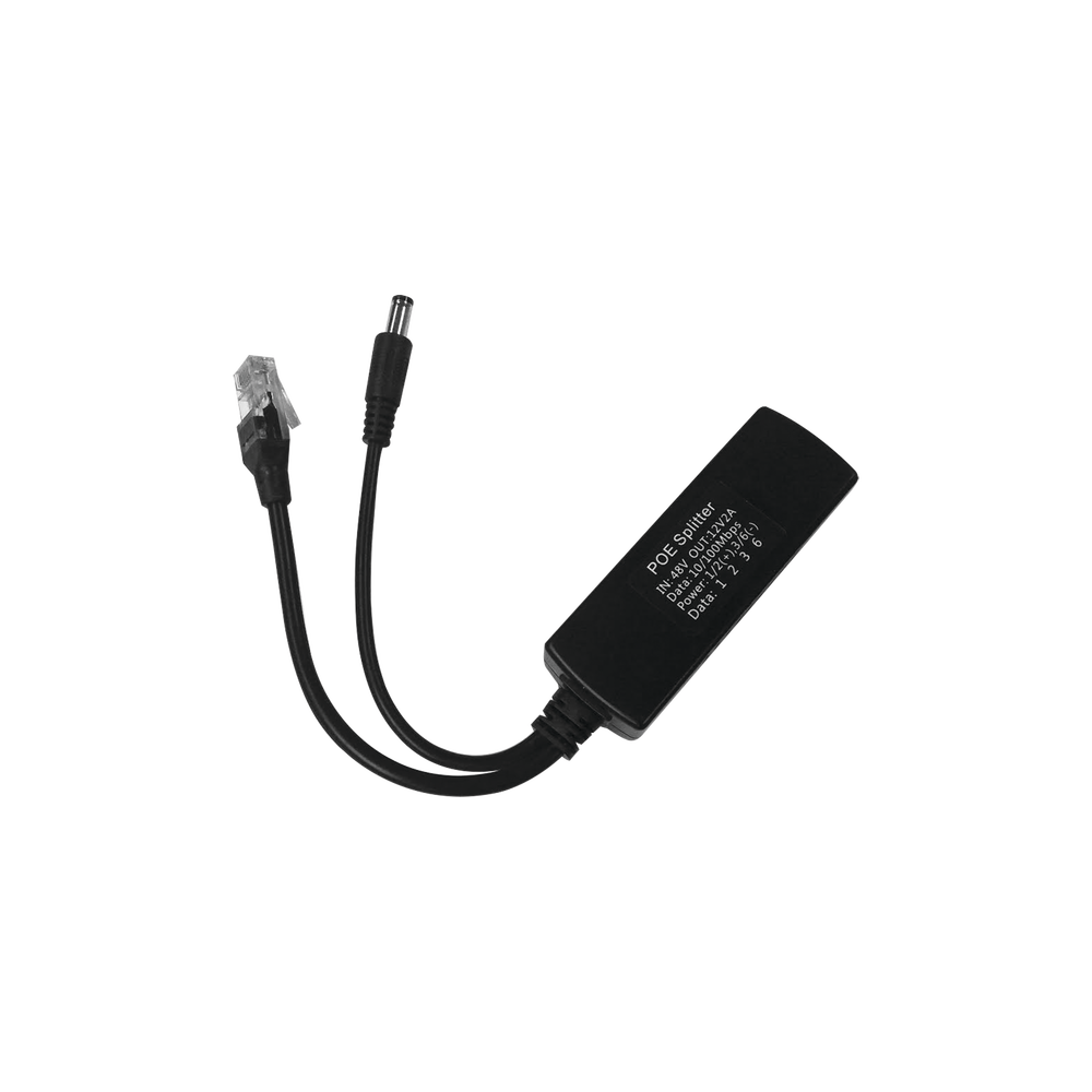 Cable divisor PoE pasivo de 48-55 Vcc @ 12 Vcc, 2 A. Aplicaciones como adaptar micrófonos en cámaras IP