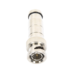 Conector BNC Macho en 75 Ohm, de Compresión Axial para Cable Coaxial RG-59/U, Níquel/ Oro/ Politetrafluoroetileno.