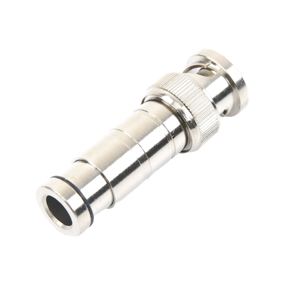 Conector BNC Macho en 75 Ohm, de Compresión Axial para Cable Coaxial RG-59/U, Níquel/ Oro/ Politetrafluoroetileno.