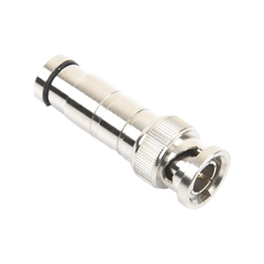 Conector BNC Macho en 75 Ohm, de Compresión Axial para Cable Coaxial RG-59/U, Níquel/ Oro/ Politetrafluoroetileno.