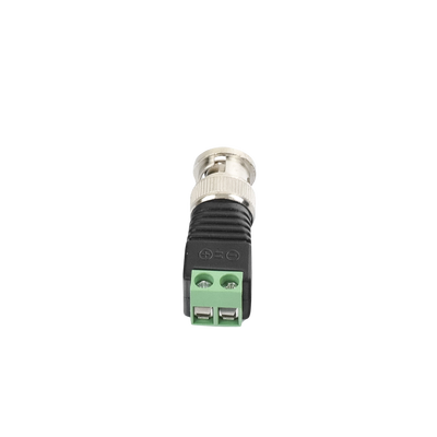 Adaptador de conector BNC macho a 2 terminales-tornillo para cables AWG-26-14, en aplicaciones Video Vigilancia, Níquel/ Oro/  PTFE y PVC.