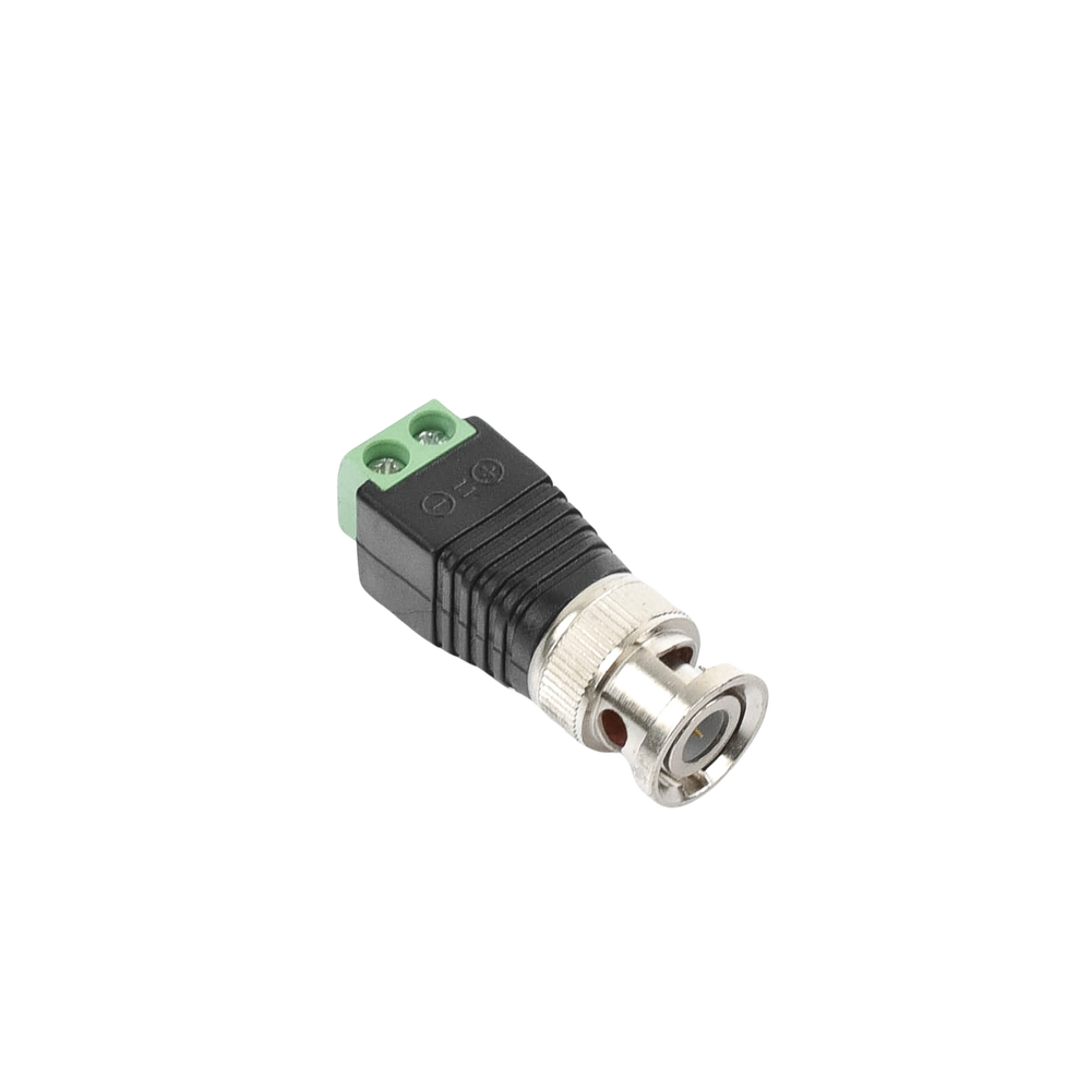 Adaptador de conector BNC macho a 2 terminales-tornillo para cables AWG-26-14, en aplicaciones Video Vigilancia, Níquel/ Oro/  PTFE y PVC.