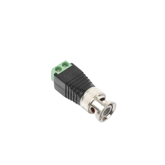 Adaptador de conector BNC macho a 2 terminales-tornillo para cables AWG-26-14, en aplicaciones Video Vigilancia, Níquel/ Oro/  PTFE y PVC.