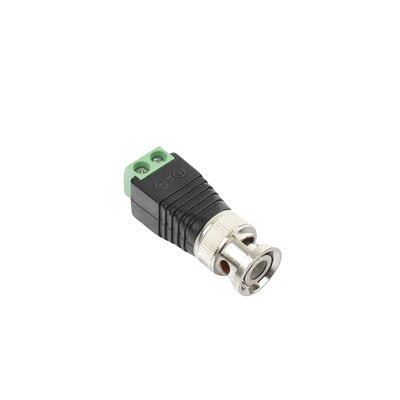 Adaptador de conector BNC macho a 2 terminales-tornillo para cables AWG-26-14, en aplicaciones Video Vigilancia, Níquel/ Oro/  PTFE y PVC.