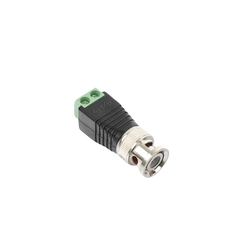 Adaptador de conector BNC macho a 2 terminales-tornillo para cables AWG-26-14, en aplicaciones Video Vigilancia, Níquel/ Oro/  PTFE y PVC.
