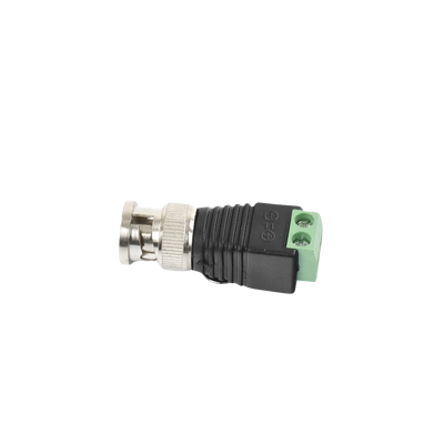 Adaptador de conector BNC macho a 2 terminales-tornillo para cables AWG-26-14, en aplicaciones Video Vigilancia, Níquel/ Oro/  PTFE y PVC.