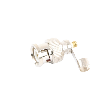 Conector BNC macho en 75 Ohm, para cable coaxial RG-59 / Con base de alivio negra de PVC, Níquel/ Oro/ PTFE.