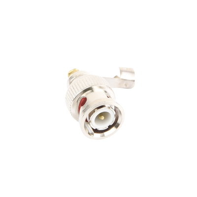 Conector BNC macho en 75 Ohm, para cable coaxial RG-59 / Con base de alivio negra de PVC, Níquel/ Oro/ PTFE.
