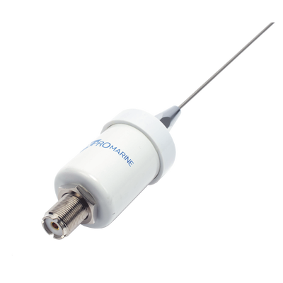 Antena marina VHF en látigo de acero inoxidable en rango de 156 a 163 MHz. Incluye cable de 4.5 m con conectores PL-259 instalados y montaje en L