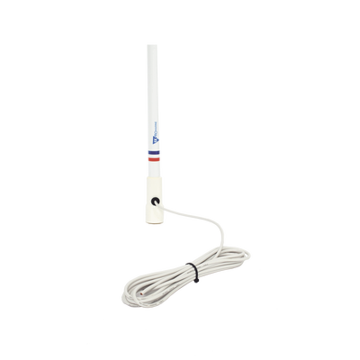 Antena marina VHF en fibra de vidrio en rango de 156 a 163 MHz, Incluye 4.5 metros de cable y conector PL-259 macho.