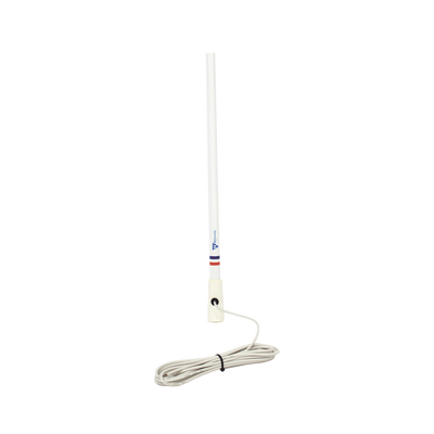 Antena marina VHF en fibra de vidrio en rango de 156 a 163 MHz, Incluye 4.5 metros de cable y conector PL-259 macho.