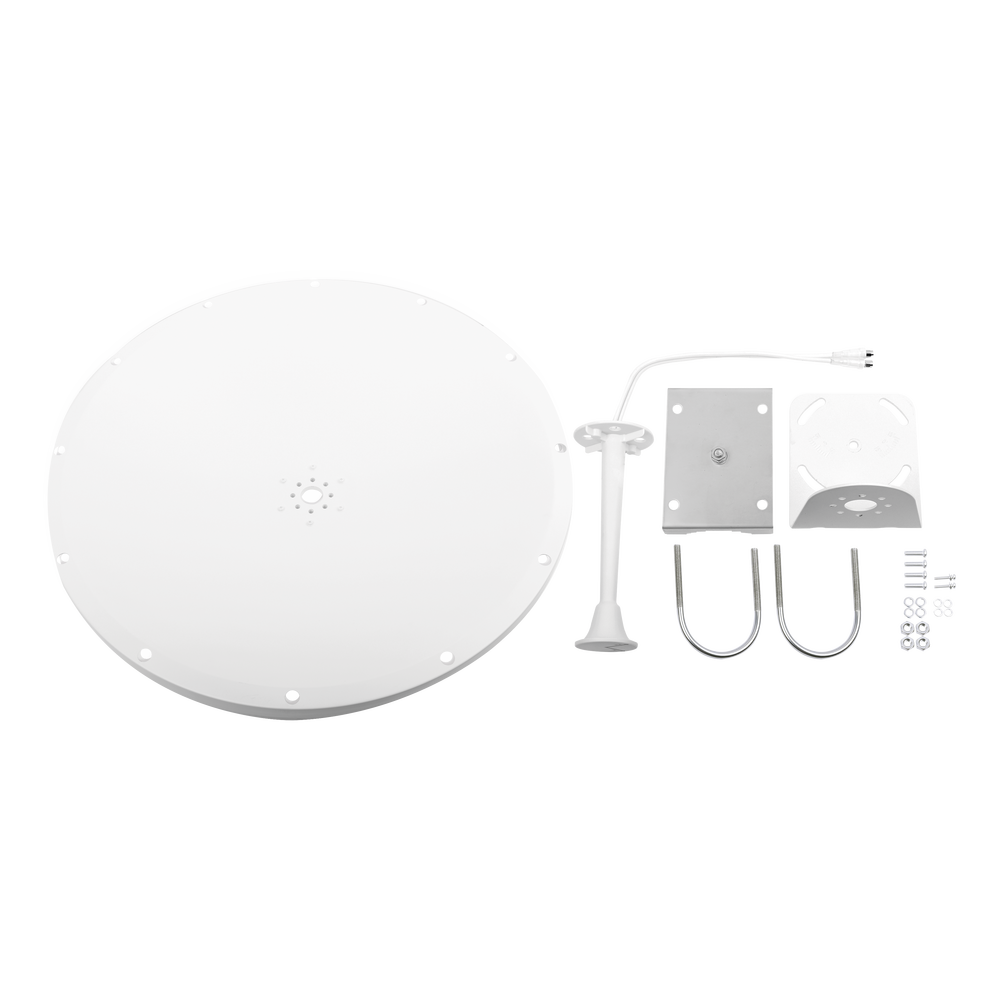 Antena Direccional con Frecuencia Extendida / 4.8 - 6.5 GHz / 28 dBi /  Jumper incluido con conector  SMA-Macho Inverso / Polaridad en 90º y 45º / Montaje incluido para torre o mástil
