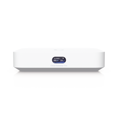 UniFi Cloud Gateway MAX, Router con todos los servicios UniFi, administra hasta 30 dispositivos UniFi y 300 clientes. 1 pto WAN 2.5G, 4 pts LAN 1G (uno configurable como WAN), seguridad IDS/IPS, VPN, bloqueo de apps/URLs, 512 GB memoria interna