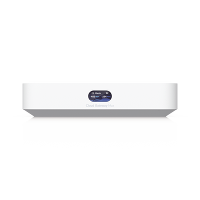 UniFi Cloud Gateway MAX, Router con todos los servicios UniFi, administra hasta 30 dispositivos UniFi y 300 clientes. 1 pto WAN 2.5G, 4 pts LAN 1G (uno configurable como WAN), seguridad IDS/IPS, VPN, bloqueo de apps/URLs, 512 GB memoria interna