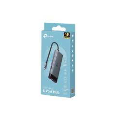 Adaptador HUB 6 en 1, 1 puerto USB-C entrada, 1 puerto HDMI 4K, 1 puerto Ethernet Gigabit, 1 puerto USB-C y 2 puertos USB-A