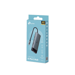 Adaptador HUB 6 en 1, 1 puerto USB-C entrada, 1 puerto HDMI 4K, 1 puerto Ethernet Gigabit, 1 puerto USB-C y 2 puertos USB-A