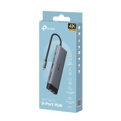 Adaptador HUB 9 en 1, 1 puerto USB-C entrada, 1 puerto HDMI 4K, 1 puerto Ethernet Gigabit, 1 puerto SD y MicroSD, 1 puerto USB-C y 3 puertos USB-A