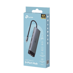 Adaptador HUB 9 en 1, 1 puerto USB-C entrada, 1 puerto HDMI 4K, 1 puerto Ethernet Gigabit, 1 puerto SD y MicroSD, 1 puerto USB-C y 3 puertos USB-A