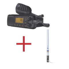 Kit de radio UM385BK | mas antena marina de fibra de vidrio TX-5101SYS/10M fabricada en fibra de vidrio con base roscable de acero inoxidable
